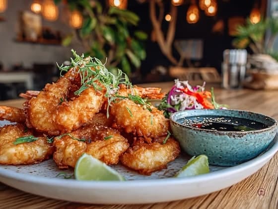 Chrupiące krewetki w panierce z limonką na eleganckim talerzu.