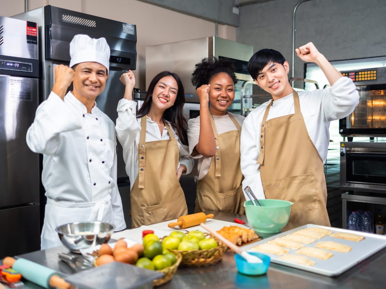 Szefowa kuchni degustuje sos przy blacie z miedzianymi garnkami.