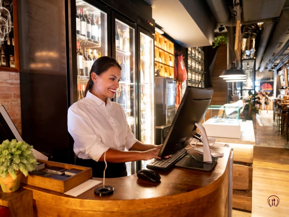 Olga Ryś, Guest Experience Manager, wita gości przy wejściu do restauracji w eleganckim wnętrzu.