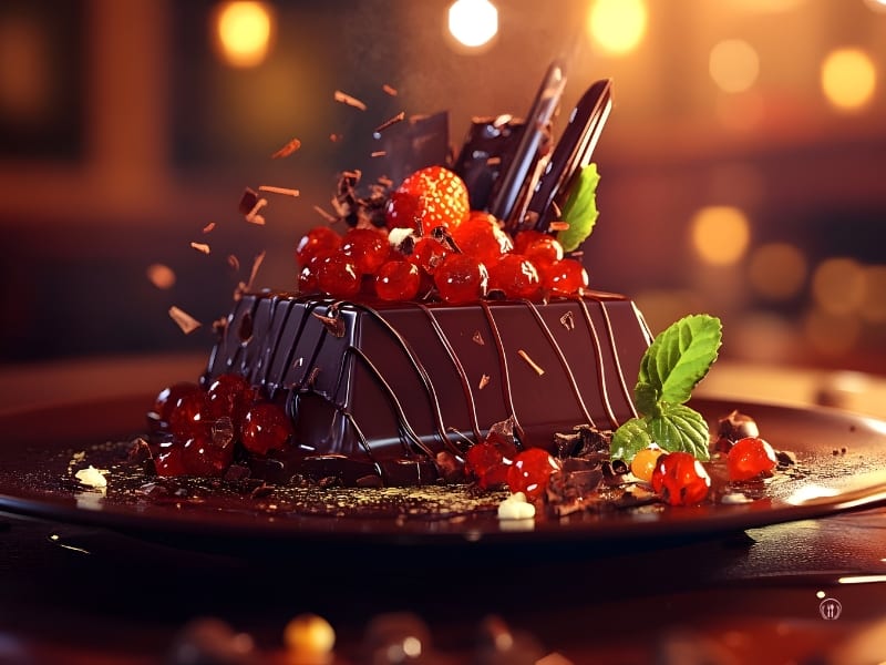 Czekoladowy tort udekorowany wiśniami i listkiem mięty w ciepłym świetle.