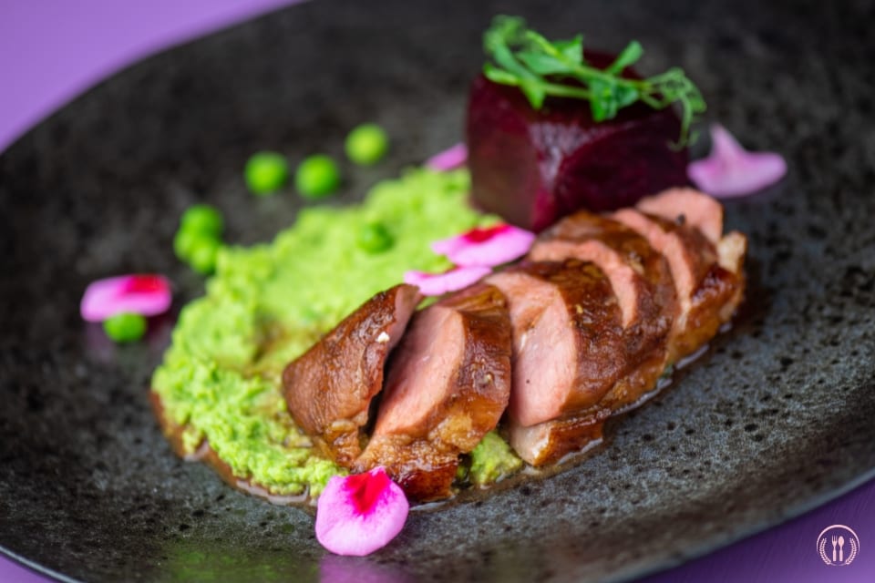 Pierś kaczki w glazurze burgundowej z puree z topinamburu i grillowaną cykorią.